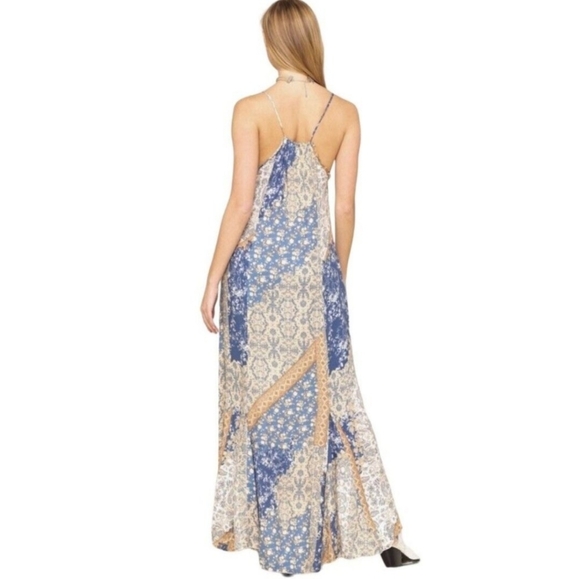 Free People Work Of Art Maxi Slip Dress V Neck Hi Lo Hem Floral Blue Cream M NWT - Picture 4 of 16